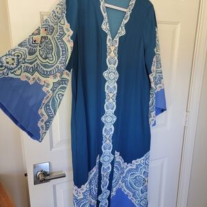 Chico's Kaftan Midi Dress Seaport Blue Gorgeous Elegant Size 1